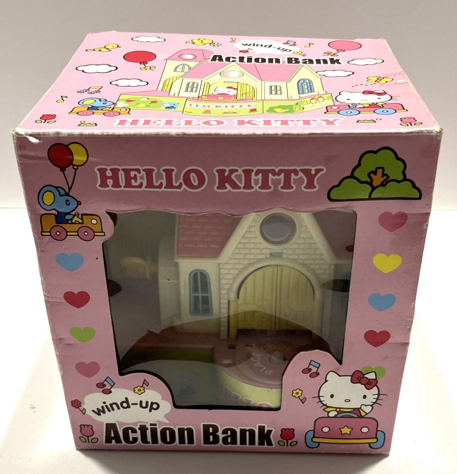 HELLO KITTY Garage Door Car Mechanical Wind-Up Action Coin Bank Sanrio 2003 Box