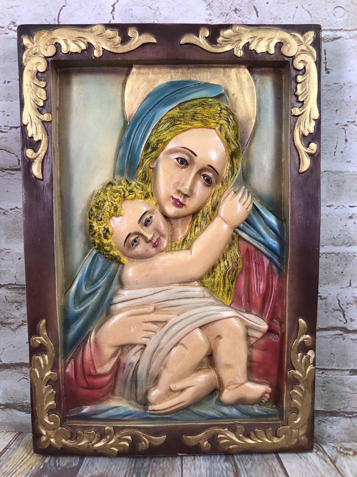 vtg 3D Wood and Chalkware Wall Hangings Mary And Baby Jesus