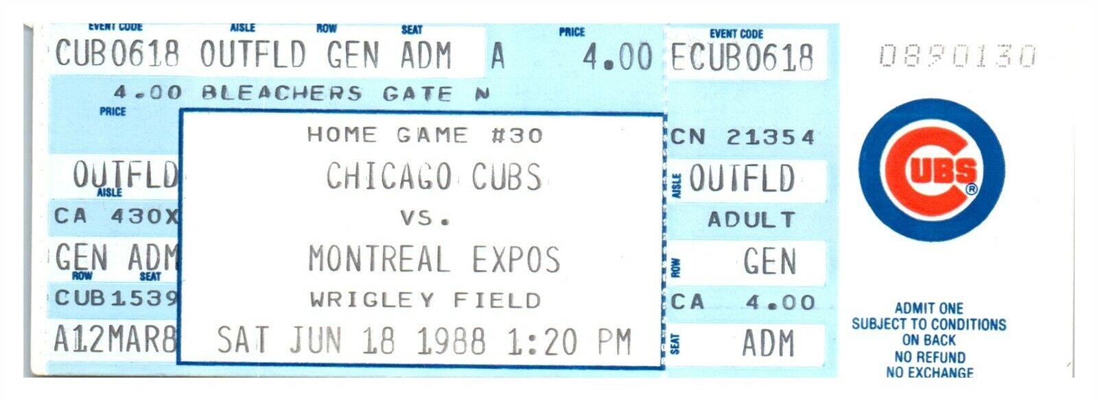 1988 Chicago Cubs vs. Montreal Expos 6/18 Ticket Greg Maddux CG Shutout *ST4A