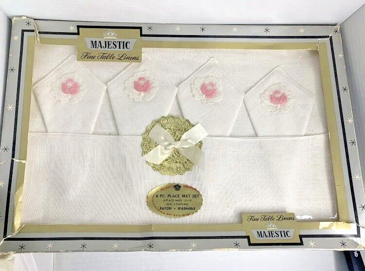 VTG NOS Majestic 8 Piece Place Mat Set Fine Table Linens White With Pink Flowers