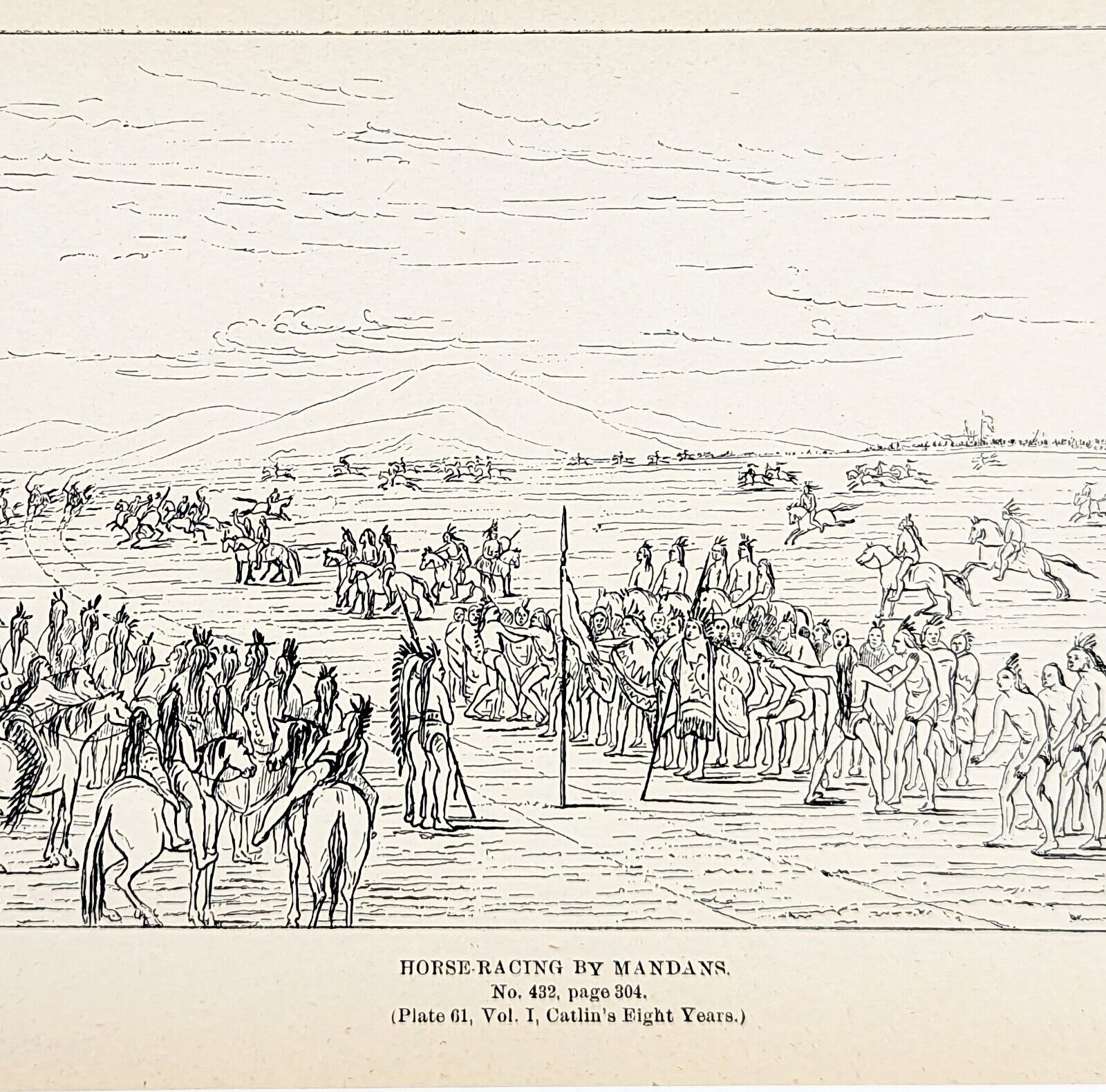 1885 Horse Racing Mandan Indian Tribe Engraving G. Catlin Native American