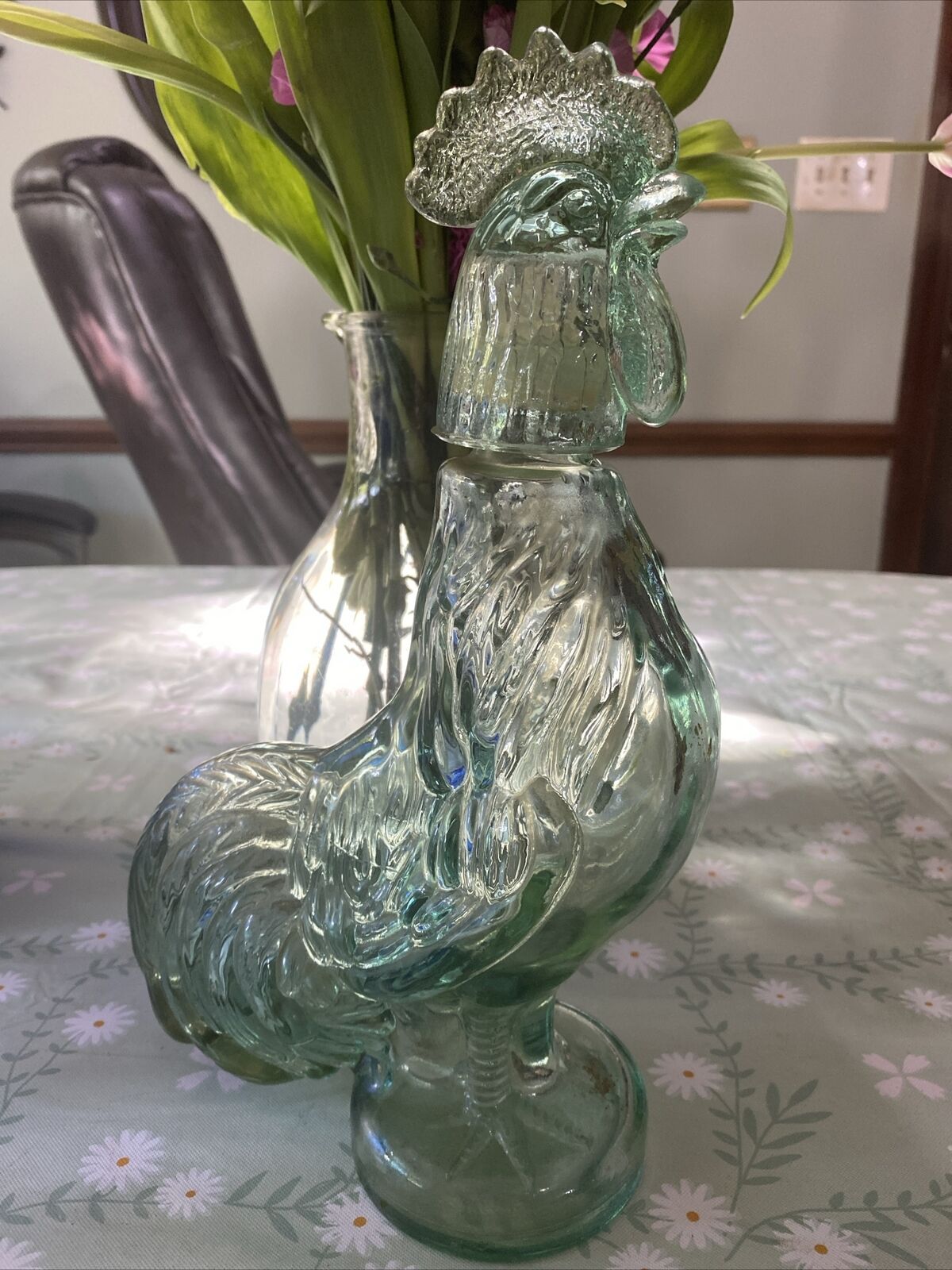 Vintage Green Glass Rooster Decanter With Shot glass Head
