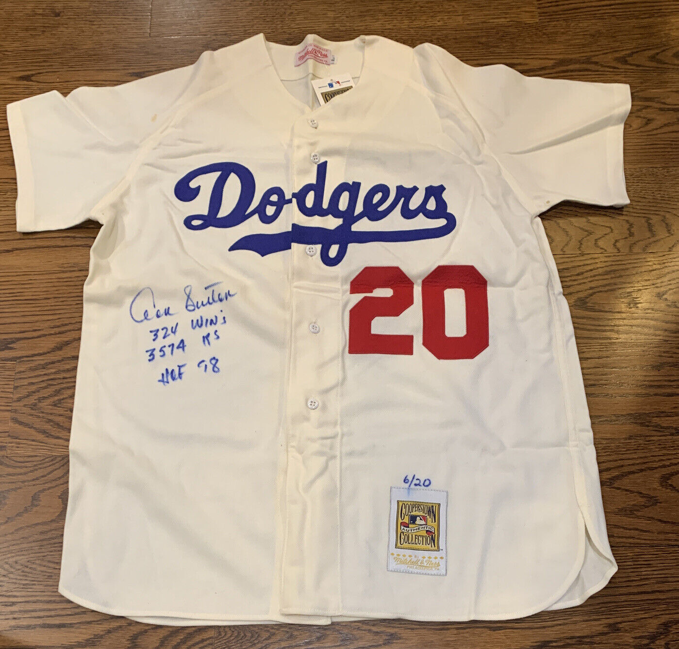 Don Sutton Signed Dodgers M & Ness Jersey 3 Stat HOF 98 Pic Signing COA LE /20