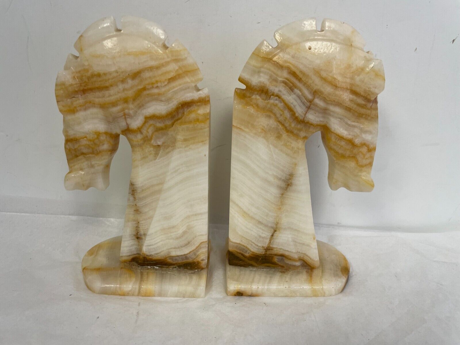 Horse Head Vintage Bookends Carved White/Yellow Onyx Rock Marble Stone #3 7\