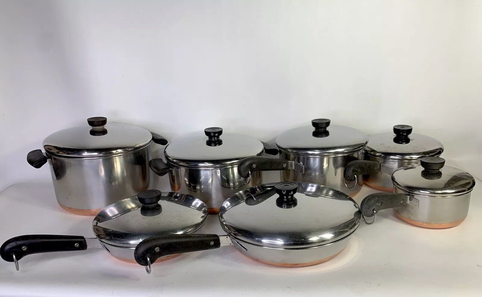 Vintage Revere Ware Copper Bottom Stainless Steel 14 Piece Cookware Set Clean