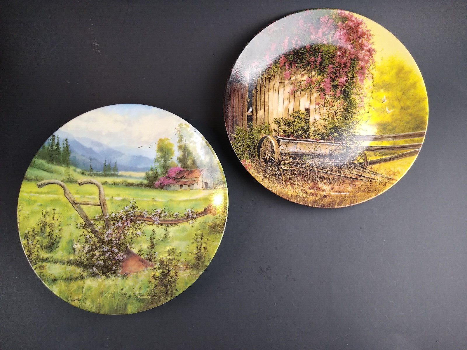 Country Nostalgia Plate Set of 2 Vintage Seed Planter Garden Plow Maurice Harvey