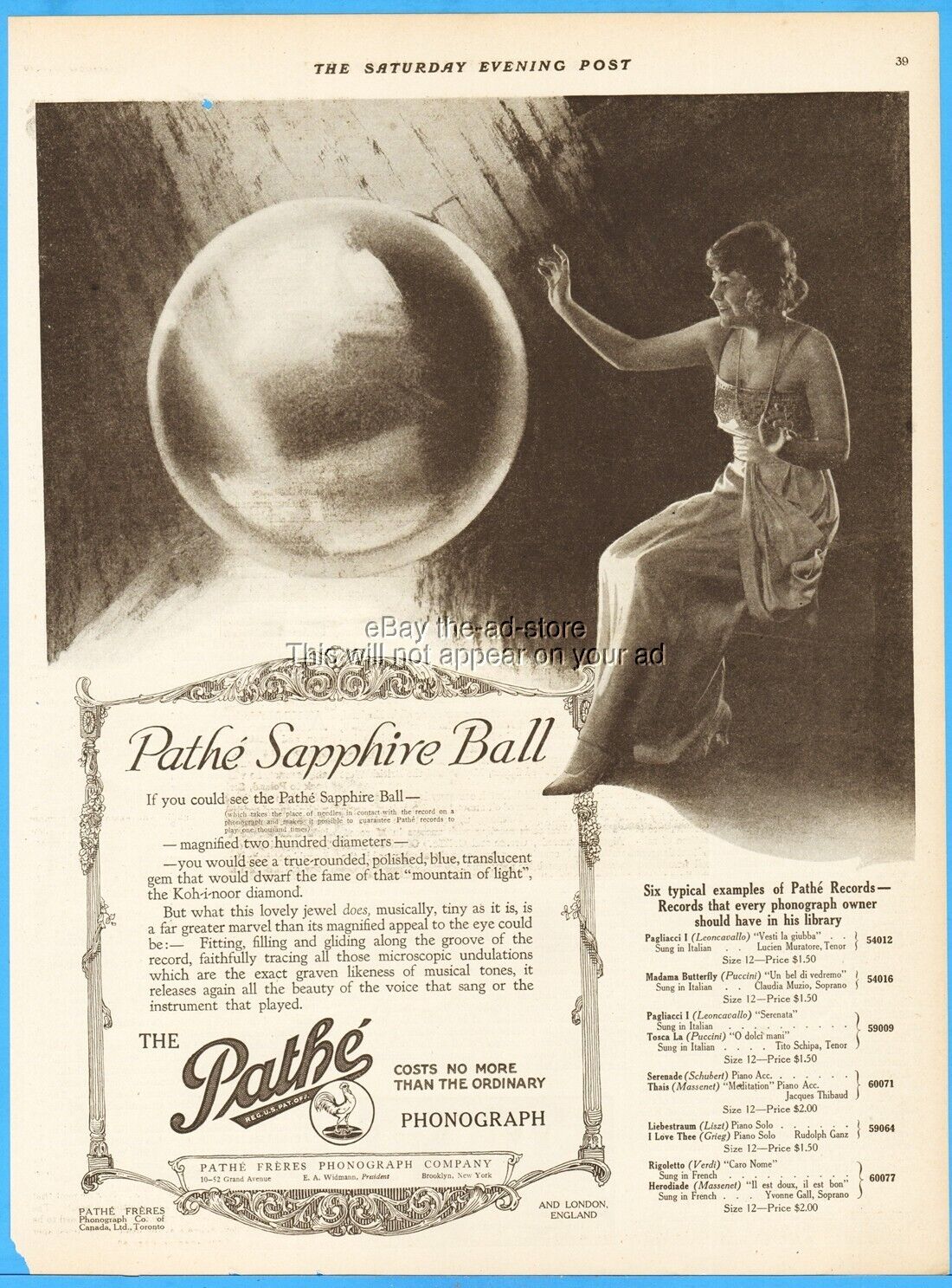 1919 Pathe Freres Phonograph Record Antique Print Ad Sapphire Ball Brooklyn