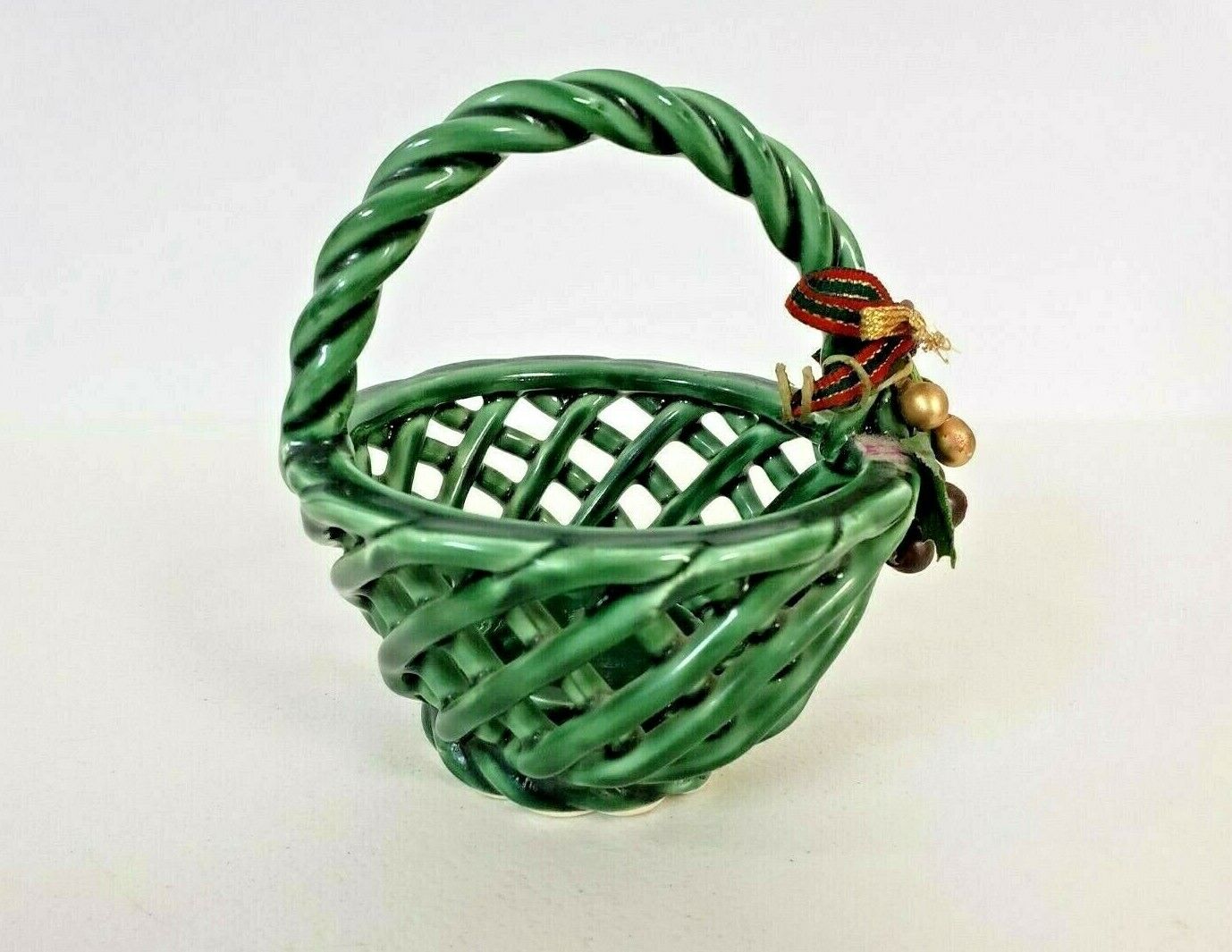 Vintage Ceramic Green Woven Basket with Handle Small 5.25in high decor