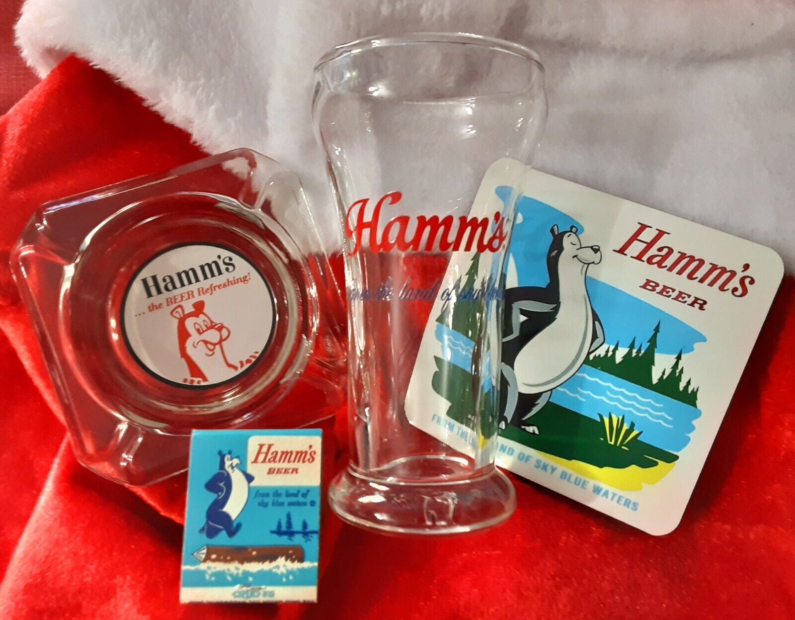 1950s HAMM'S BEER GLASS Bear ASHTRAY~MATCHBOOK~Bar GLASS~COASTER~ Holidays