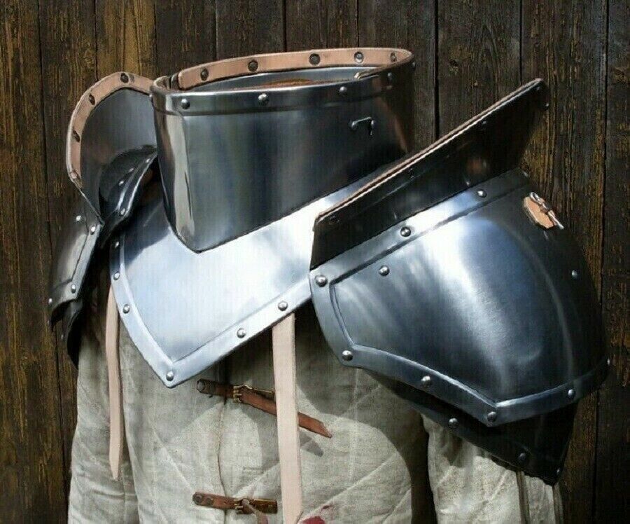 18GA Medieval Larp Gothic Steel Pair Of Pauldrons With Gorget Shoulder Armor Set