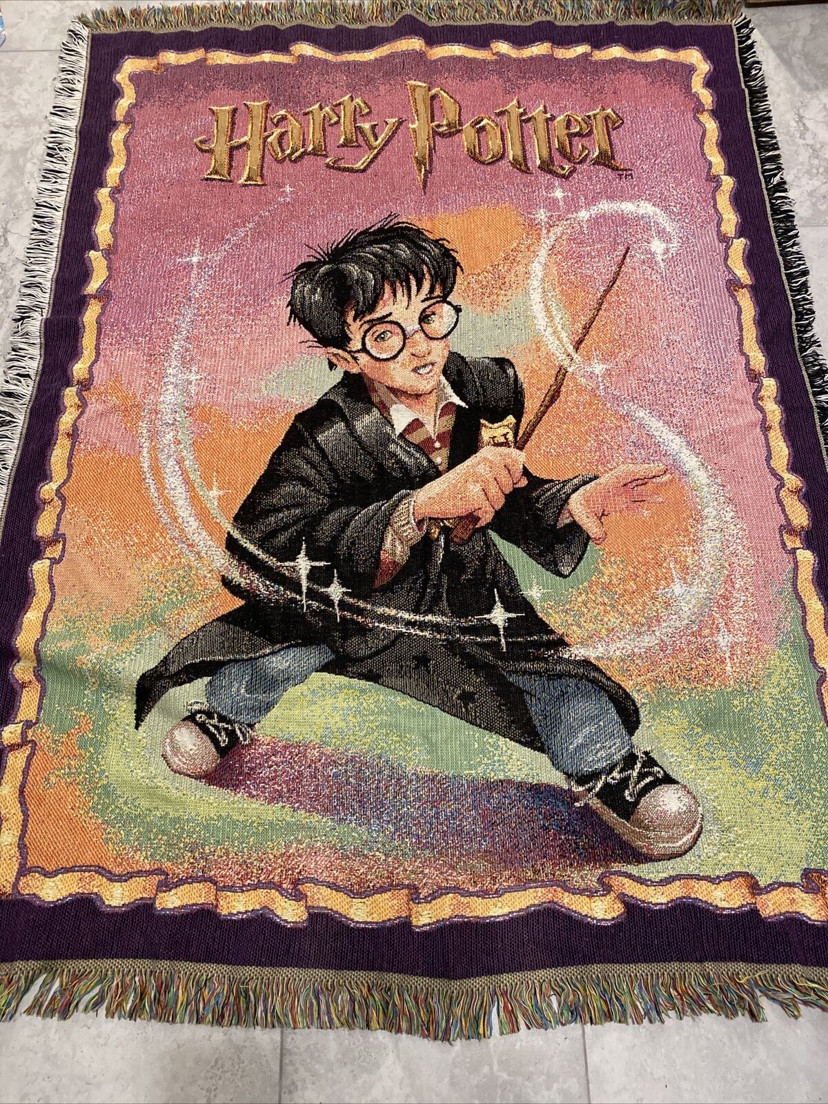 Vintage Harry Potter THROW BLANKET Tapestry Woven Wizard Cotton 2000 Crown