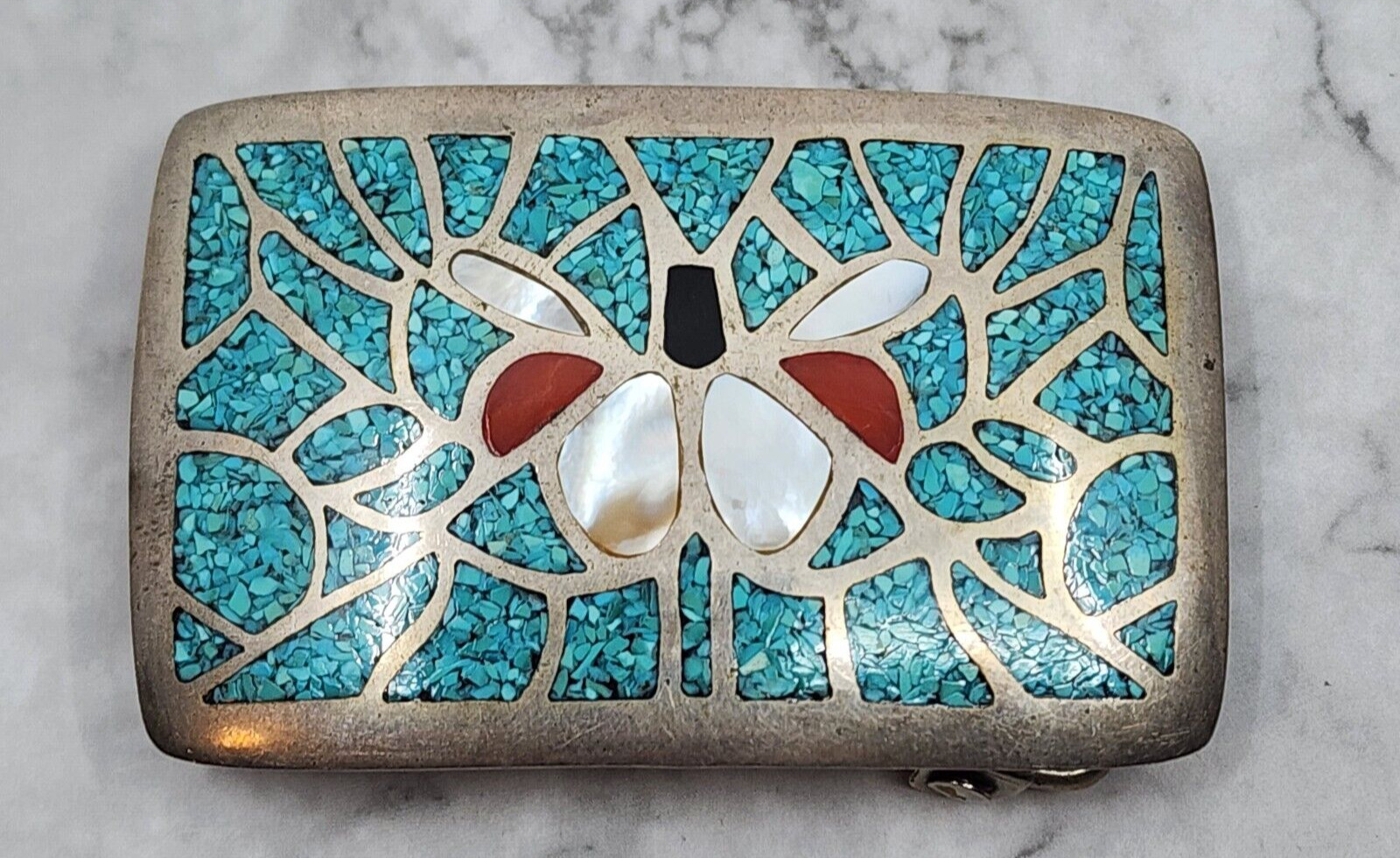 Vintage Navajo Chip Inlay Sterling Silver Butterfly Belt Buckle - Beautiful