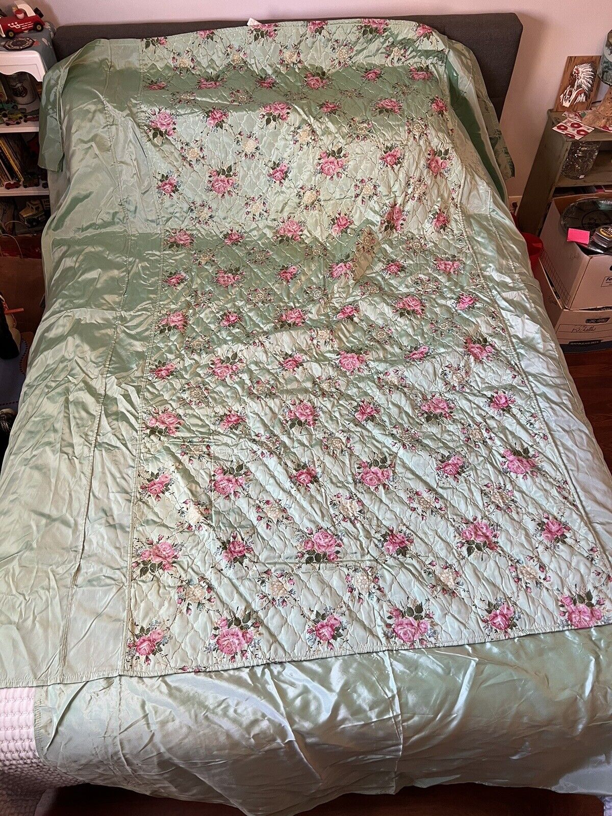 VTG 50s Twin Bedspread Cottage Floral Quilted Top Taffeta Sides MCM Mint Green