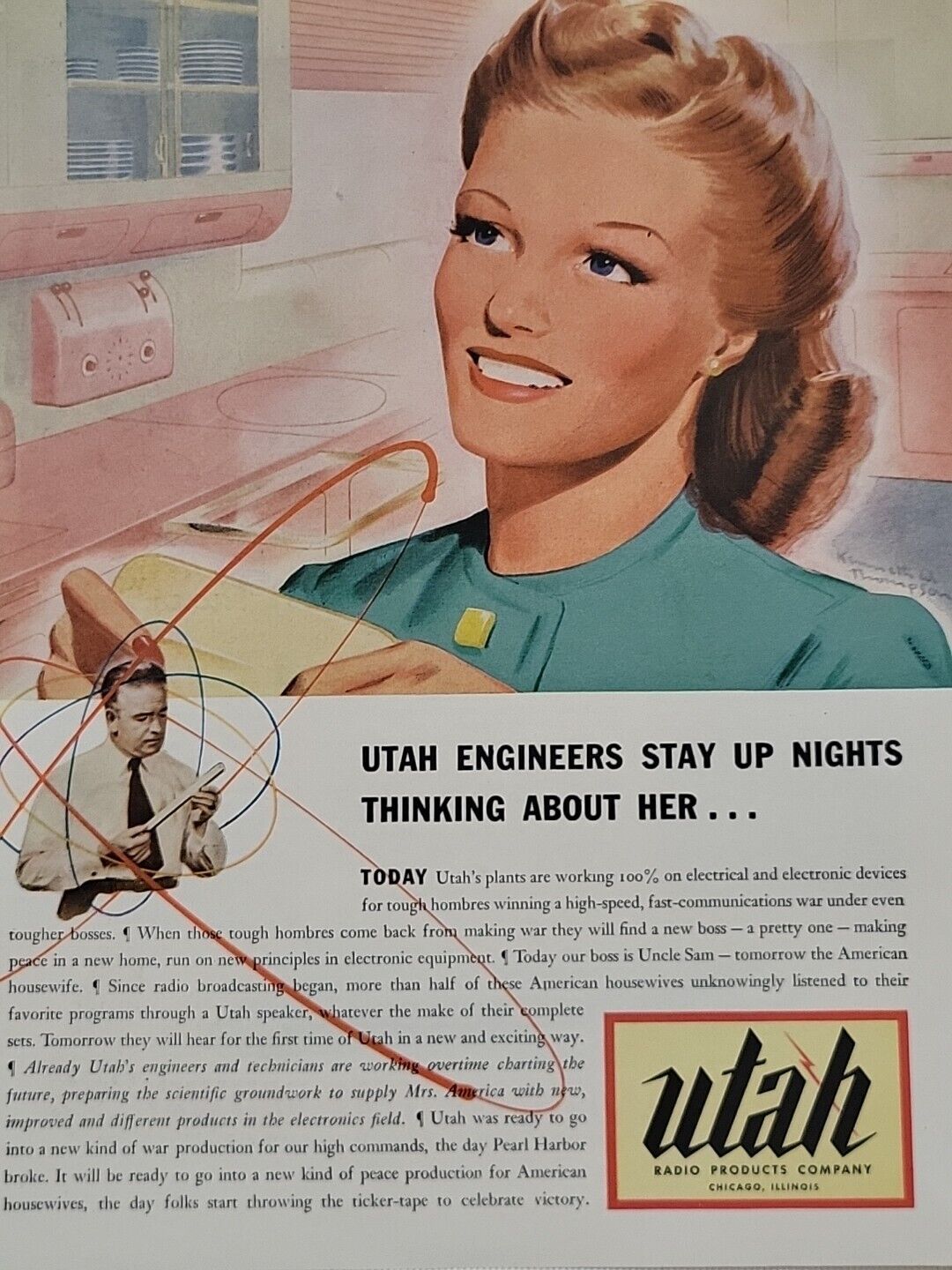 1943 Utah Radio Products Company Fortune WW2 Print Ad Chicago Engineer Housewife