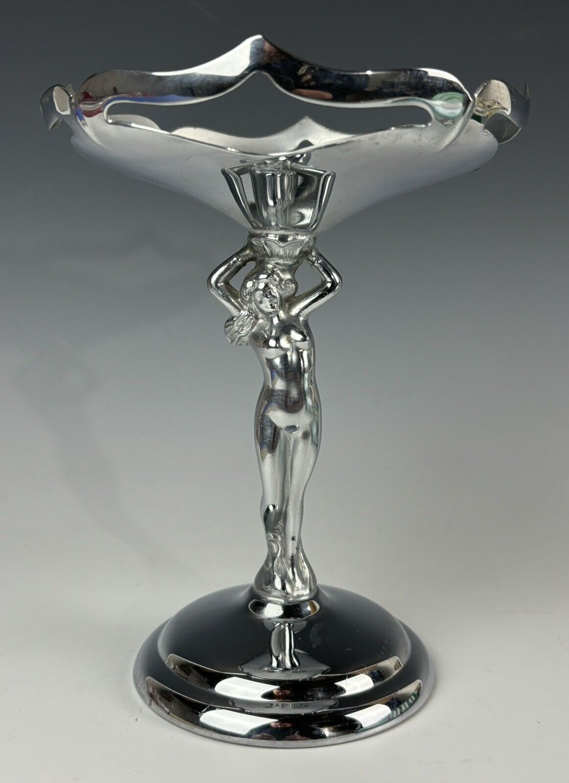 Vintage Art Deco Farber Bros New York Chrome Nude Stem Comport Purple Glass 