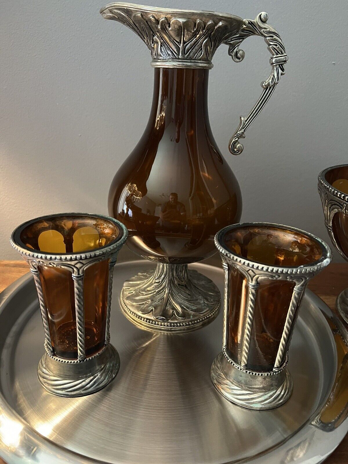 Vintage Italian Claret Jug - Wine Decanter - Blown Amber Glass