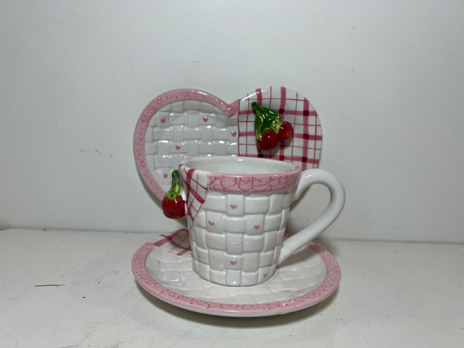 Vintage Bella Casa Cherry Pink Cup and Saucer with Heart Shaped Trinket Dish