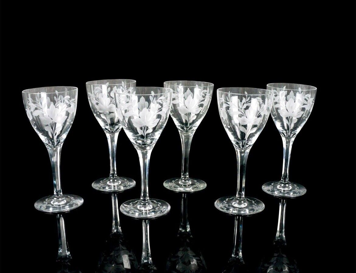 Vintage 20th C. S/6 Etched Floral Wine Glasses ~ Stunning Pristine