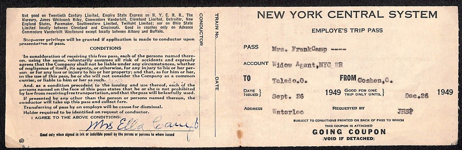 New York Central System Railroad 1949 Employe\'s Trip Pass #53295