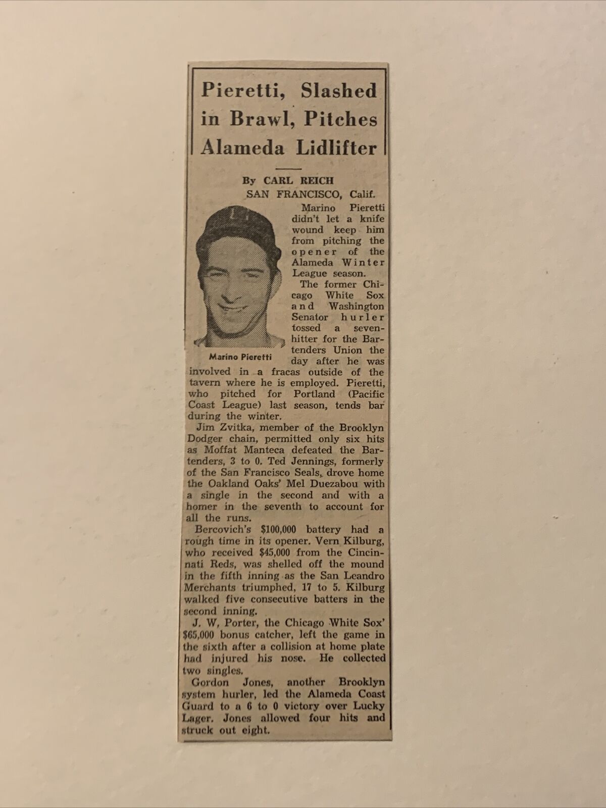 Marino Pieretti Portland Beavers in Brawl 1951 Sporting News Baseball 2X7 Panel