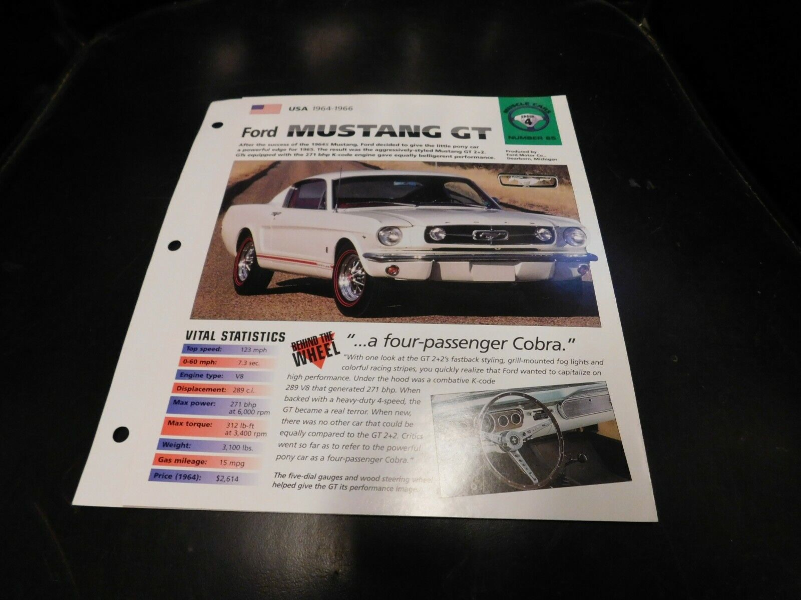 1964-1966 Ford Mustang GT Spec Sheet Brochure Photo Poster 1965