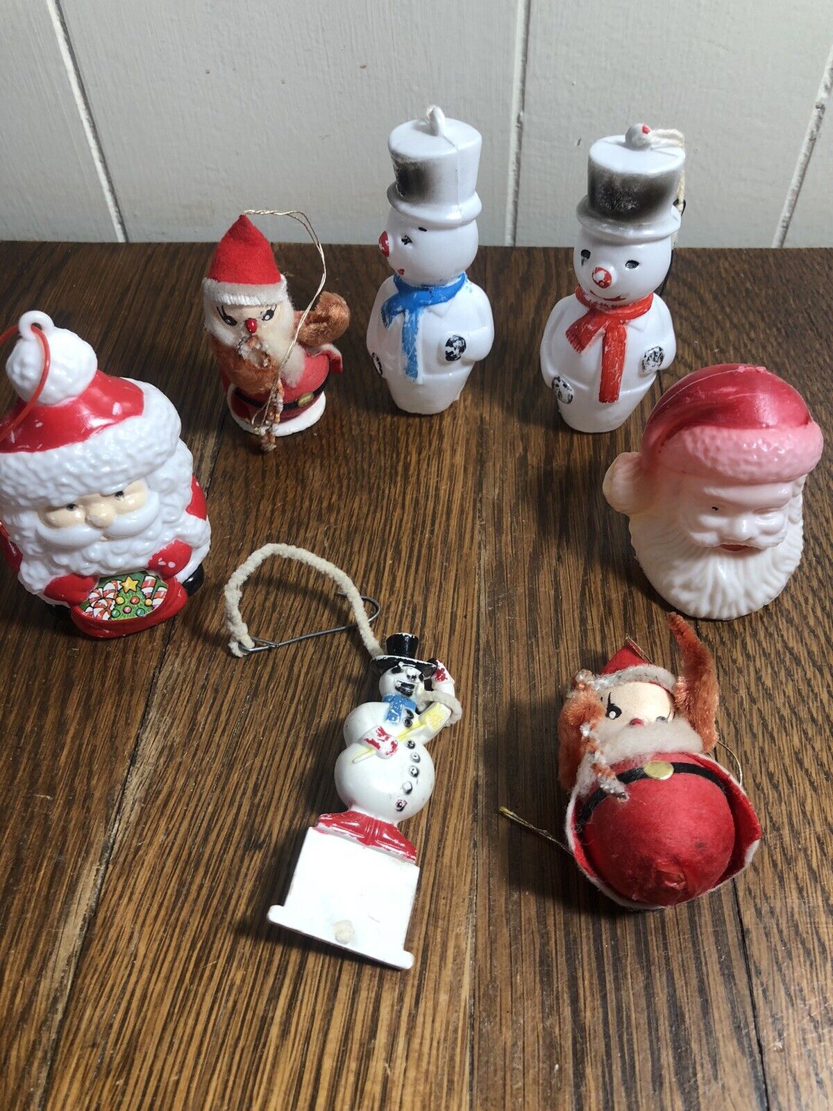 Lot of 7 Misc. Vintage Santa/Snowmen Ornaments Soft/Hard Plastic