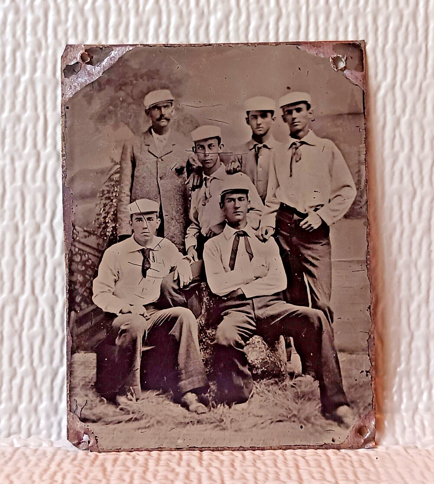 Tintype.  1860-70 Five (5) Baseball players with manger.