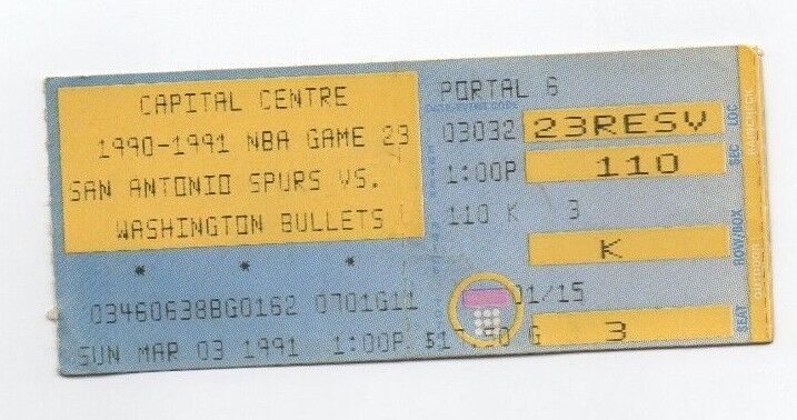 Washington Bullets VS San Antonio Spurs Ticket Stub 1991 David Robinson 26 PTS  