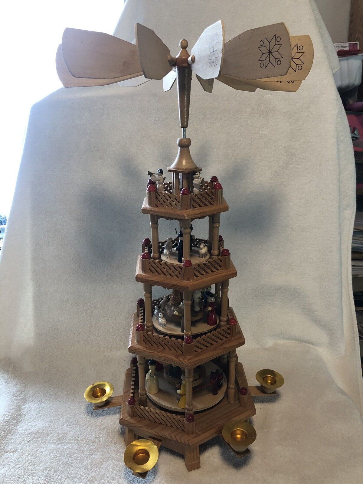 Vtg German Weihnachts Wood 4 Tier Nativity Christmas Carousel Pyramid, 22.5 in 