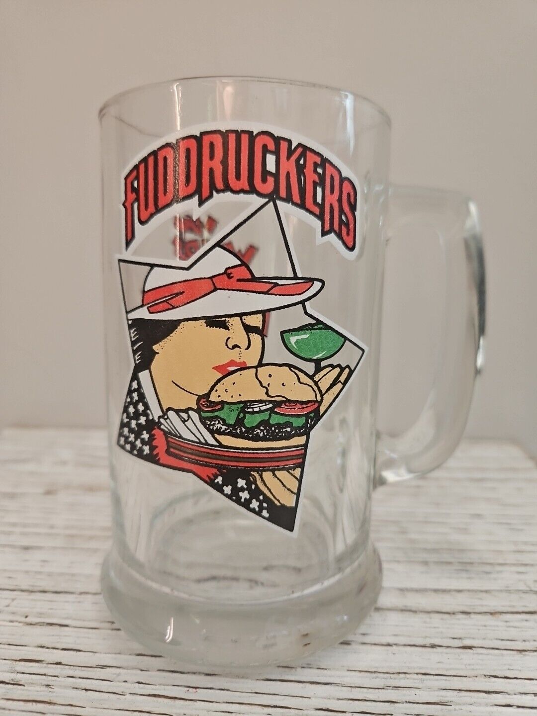 Vintage FUDDRUCKERS glass mug beer restaurant worlds best hamburger