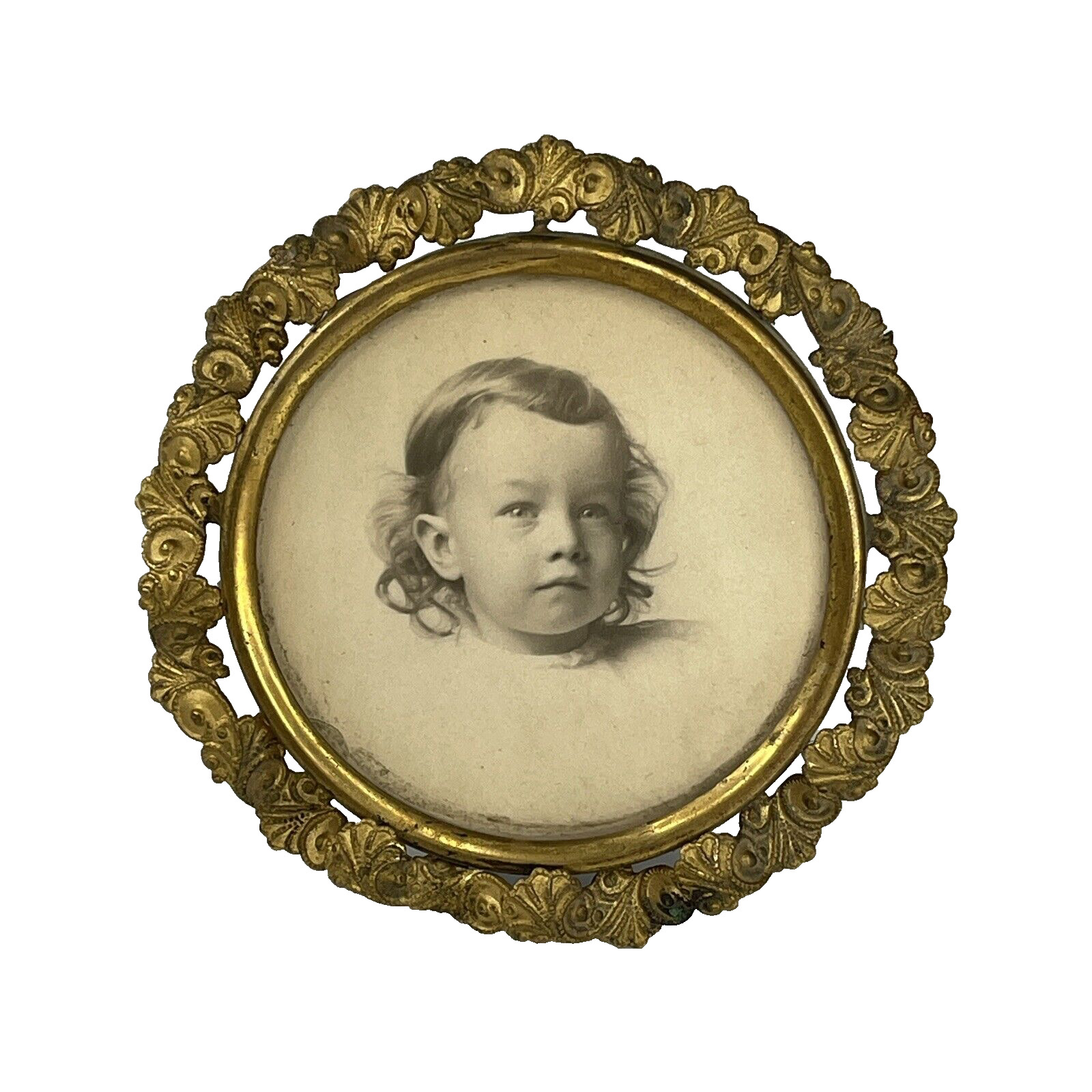 Mini Antique Ornate Gilt Brass Round Easel Photo Frame w Sepia Baby Picture 3\