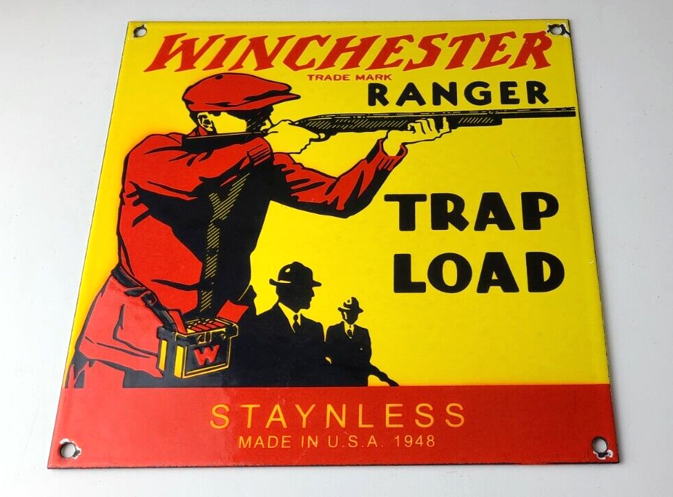 Vintage Winchester Sign - Trap Load Shot Gun Hunting Gas Pump Porcelain Sign