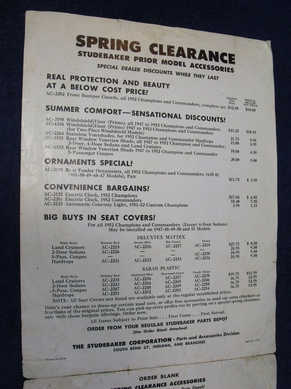 Original 1953 Studebaker Dealer 1947-52 Accessories \'SPRING CLEARANCE\' Brochure