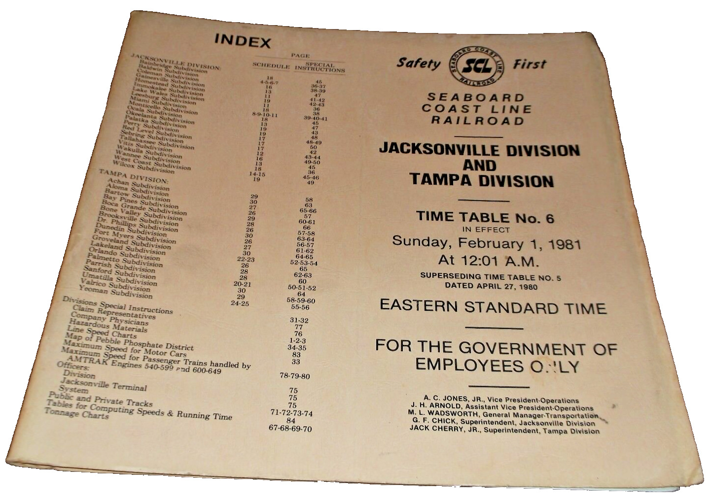 1981 SCL SEABOARD COAST LINE JACKSONVILLE TAMPA DIVISIONS EMPLOYEE TIMETABLE #6