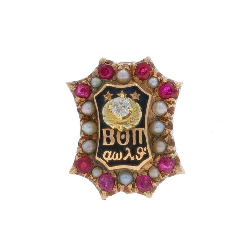 Yellow Gold Beta Theta Pi Badge - 14k Sapphire Ruby Pearl Antique Fraternity Pin