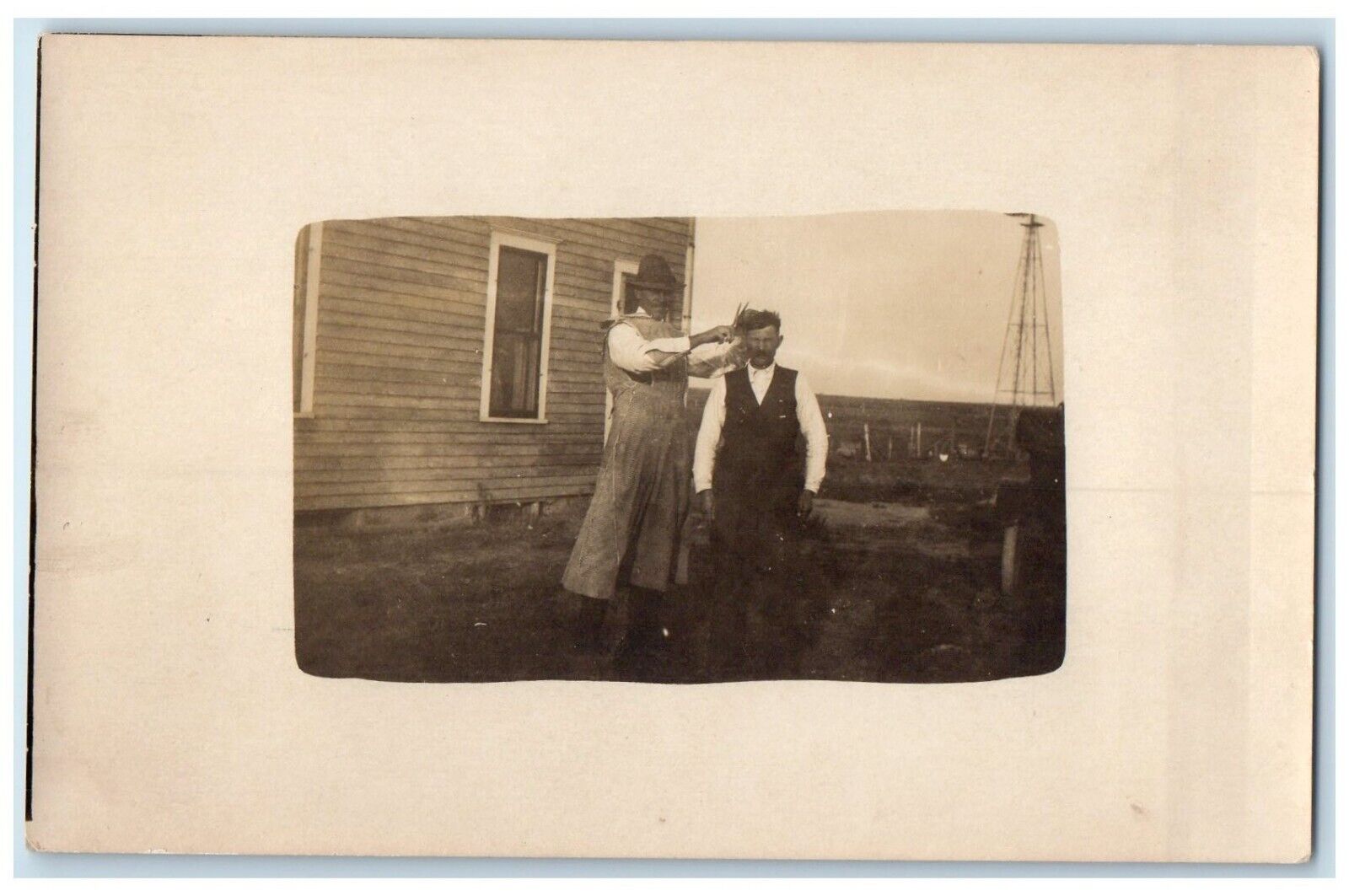 c1910\'s Uncle Garberg Getting Haircut On Farm RPPC Photo Posted Antique Postcard