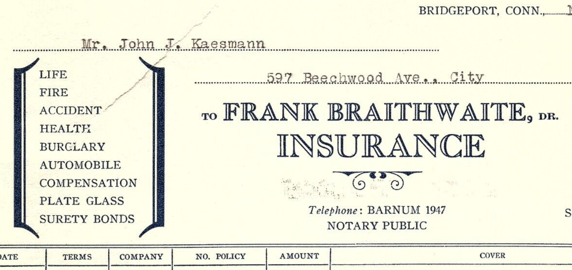 1929 BRIDGEPORT CONN  FRANK BRAITHWAITE INSURANCE  BILLHEAD INVOICE Z1750