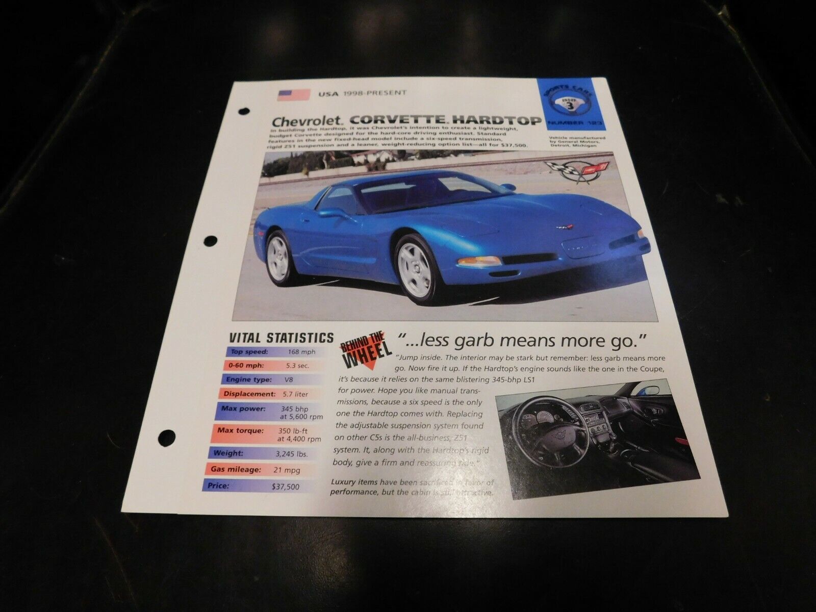 1998+ Chevrolet Corvette Hardtop Spec Sheet Brochure Photo Poster