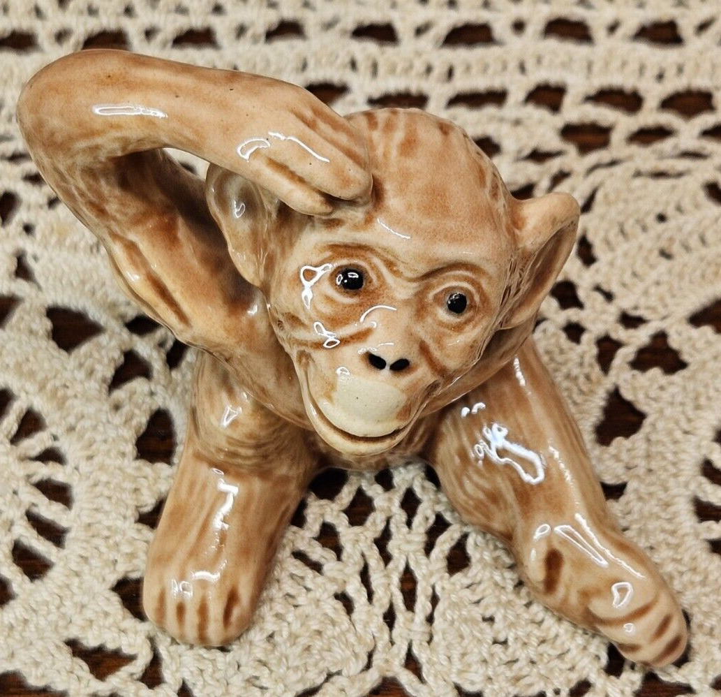 Adorable Vintage Ceramic Monkey Figurine Scratching His Head