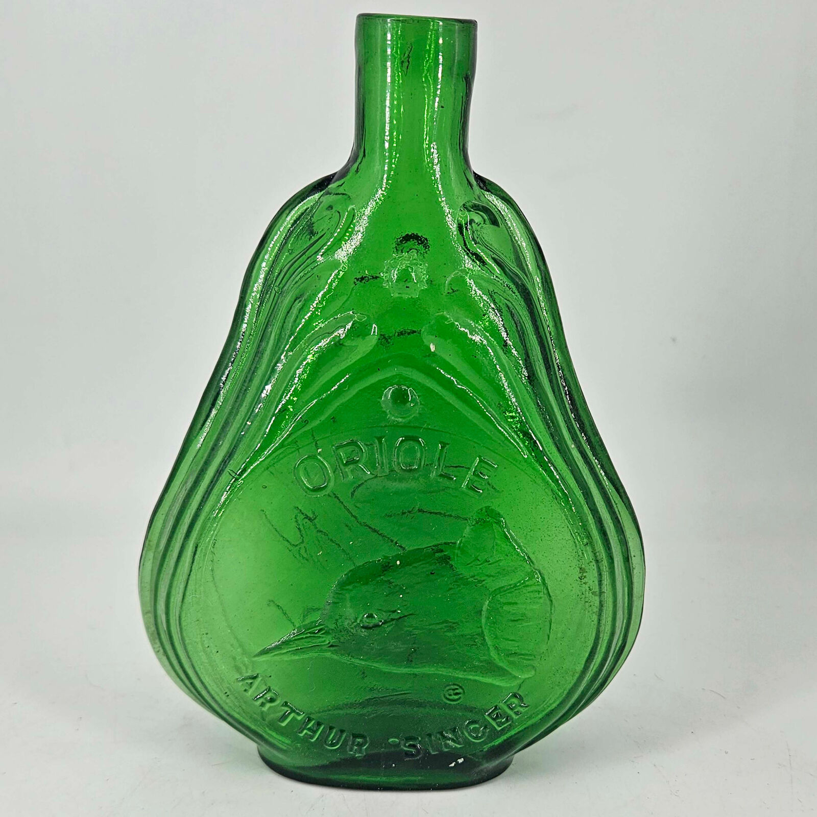 Vintage Arthur Singer Oriole Bird Green Glass Bottle Clevenger Brothers