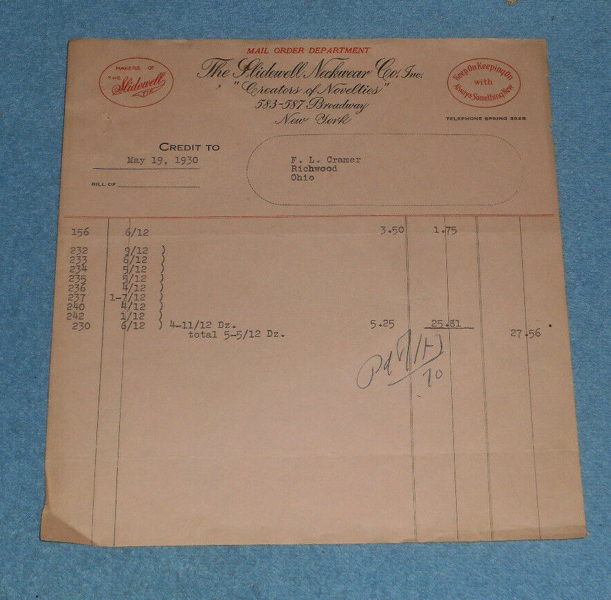 1930 The Slidewell Neckwear Co Inc Broadway New York Billhead