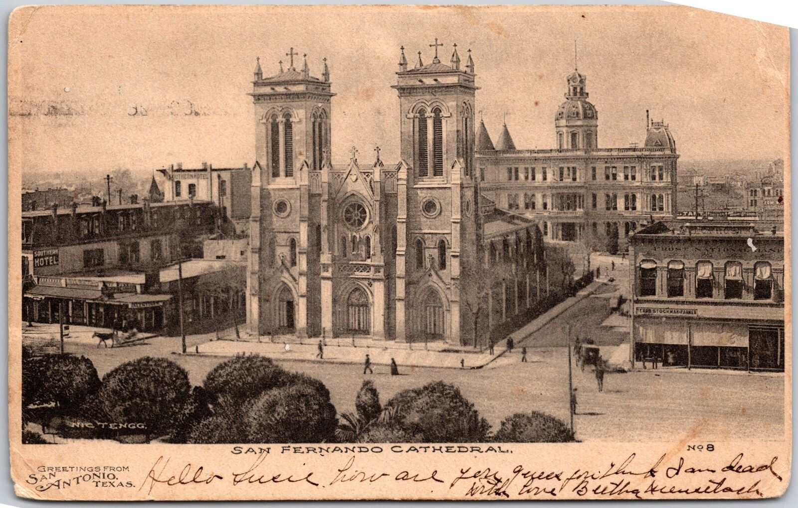 1908 San Antonio TX-Texas, San Fernando Cathedral, Twin Towers, Street, Postcard
