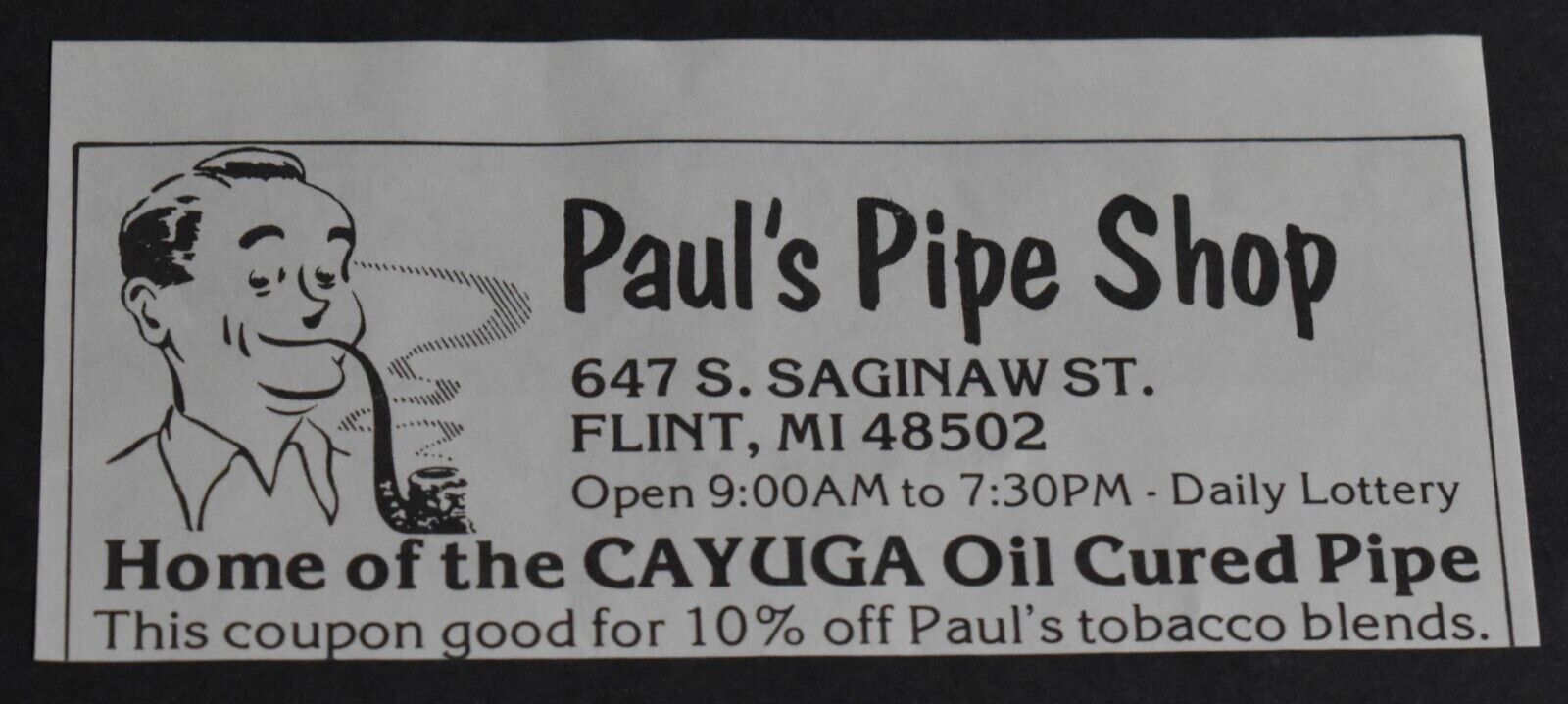 1964 Print Ad Flint Michigan Paul\'s Pipe Shop 647 S Saginaw St Cayuga Oil Art