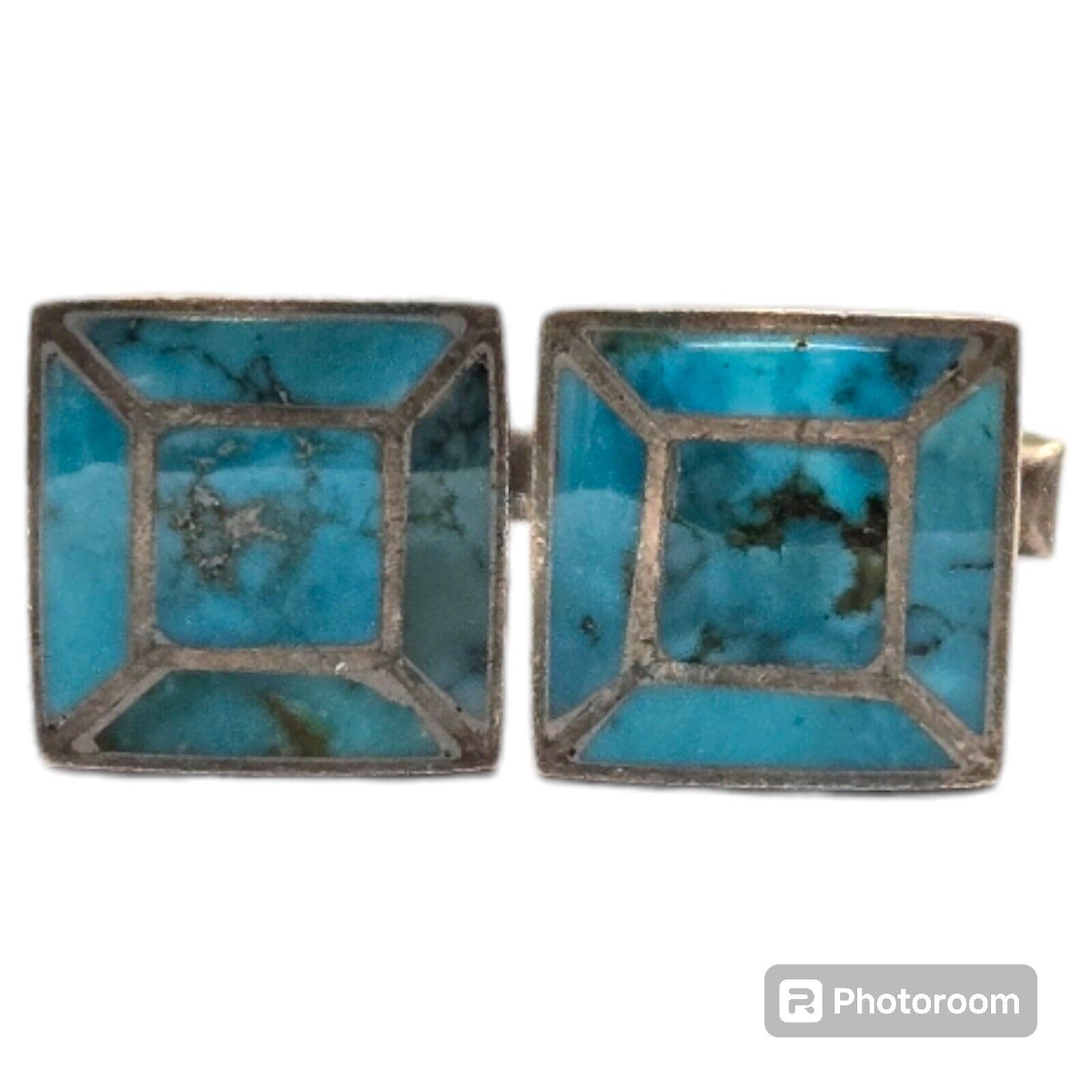 INCREDIBLE VINTAGE NAVAJO TURQUOISE MOUNTAIN STERLING SILVER CUFFLINKS