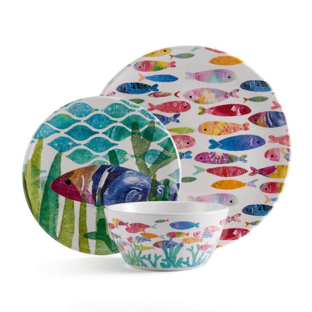 Dinnerare Set One Fish Two Fish 12-Piece Melamine Colorful School of Fish Dining