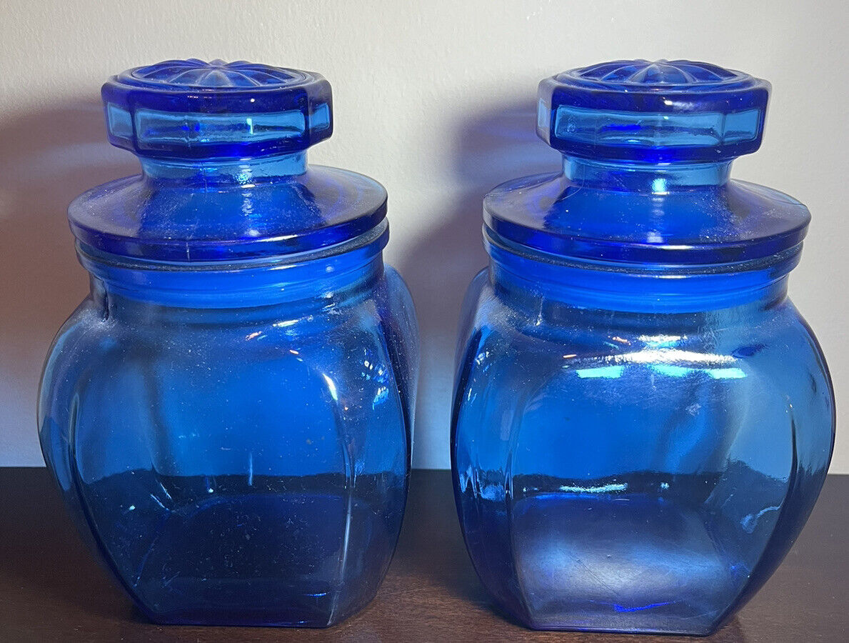 2 Vintage Cobalt Blue Apothecary Jar With Lid 8”