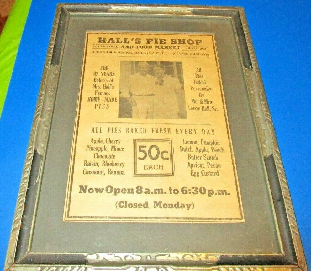 Vintage Hall's Pie Shop and Food Market Advertisement 1930s Art Deco Wood Frame