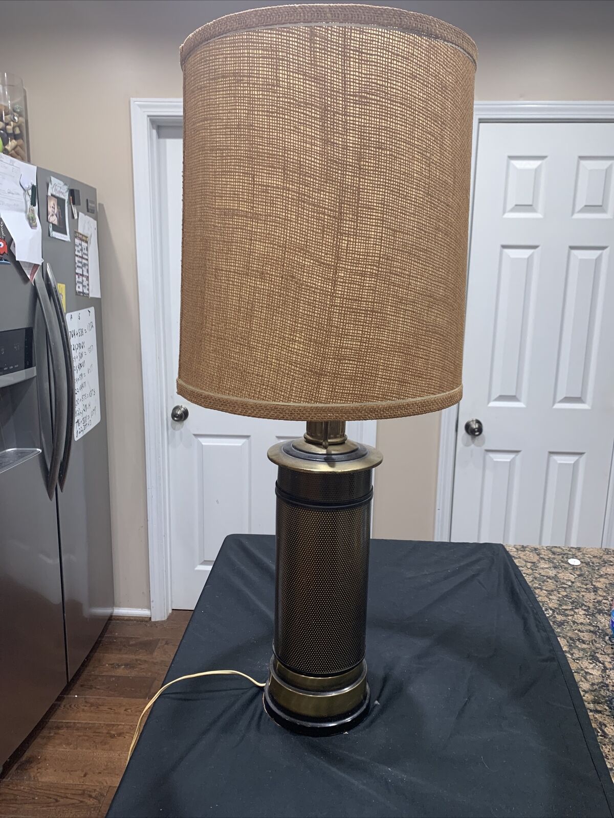 Vintage Large Metal Lantern Brass Table Lamp Tweed Burlap Shade 2 Bulb Electric