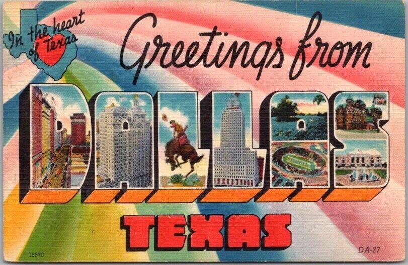 Vintage 1940s DALLAS Texas Large Letter Postcard Colourpicture Linen - Unused