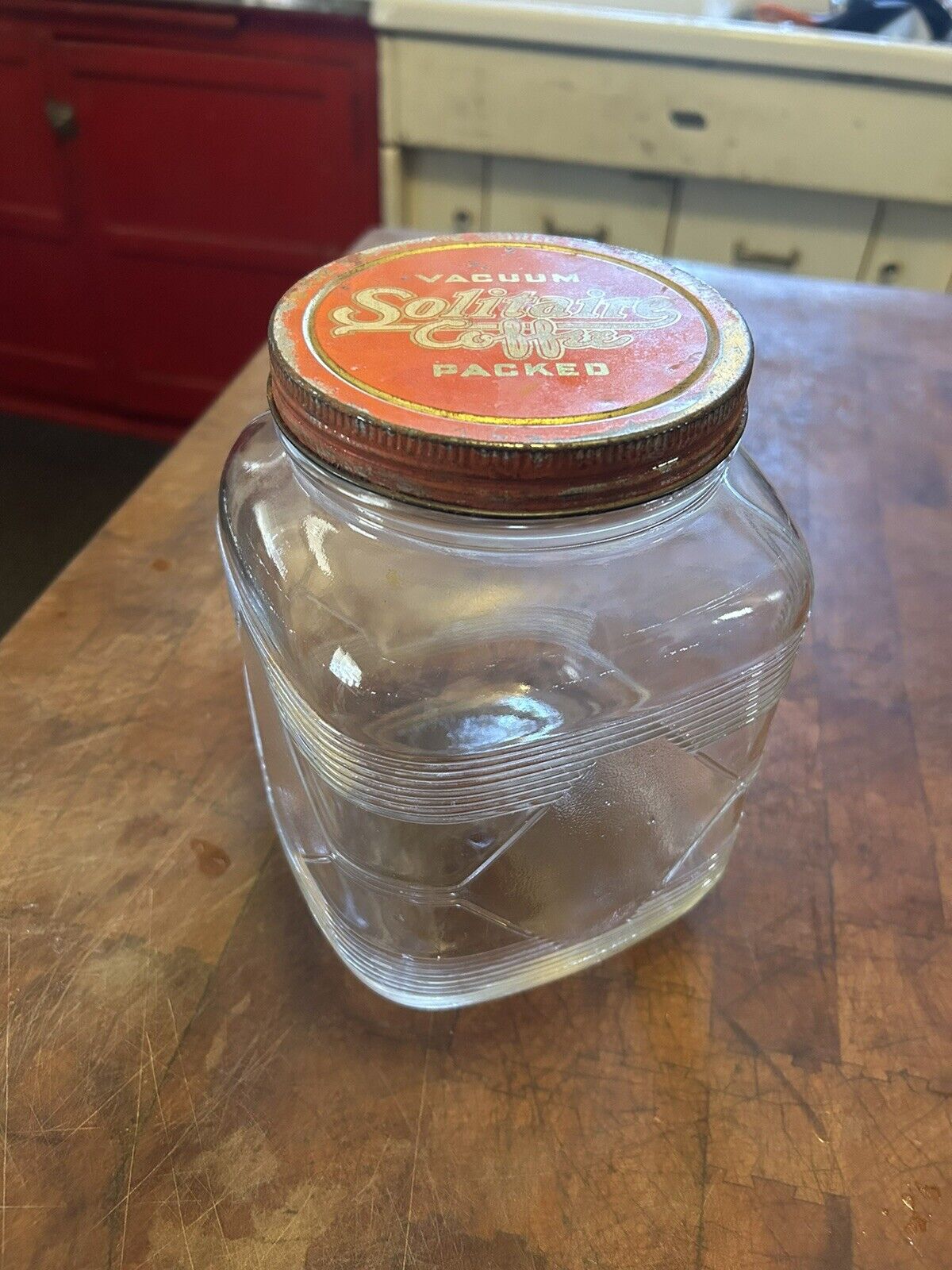 Antique Vintage Solitaire Coffee Glass Kitchen Canister Jar With Original Lid